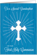 Grandnephew First Communion Cross and Rays on Blue Wood card