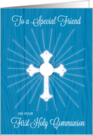 Friend First Communion Cross and Rays on Blue Wood card