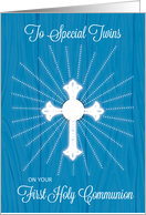 Twins First Communion Cross and Rays on Blue Wood card