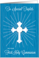 Triplets First Communion Cross and Rays on Blue Wood card