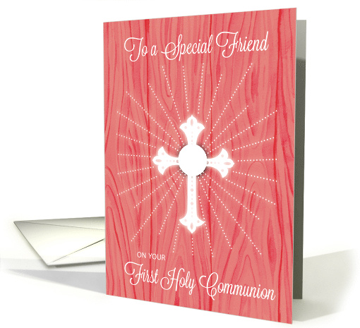 Friend First Communion Cross and Rays on Pink Wood card (1650912)