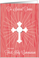 Twins First Communion Cross and Rays on Pink Wood card