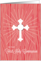 First Communion Cross and Rays on Pink Wood card