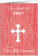 Girl Customizable Name First Communion Cross and Rays on Pink Wood card