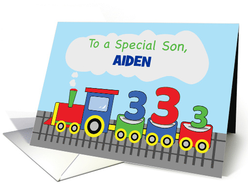 Son 3rd Birthday Personalized Name Aiden Colorful Train on Track card