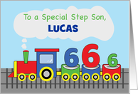Step Son 6th Birthday Personalized Name Lucas Colorful Train on Track card