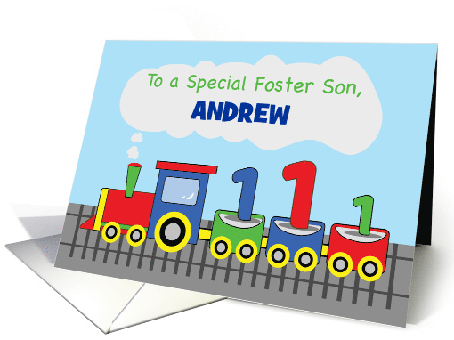 Foster Son 1st Birthday Personalized Name Colorful Train on Track card