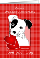 Wedding Anniversary Jack Russell Terrier Dog With Two Red Hearts card