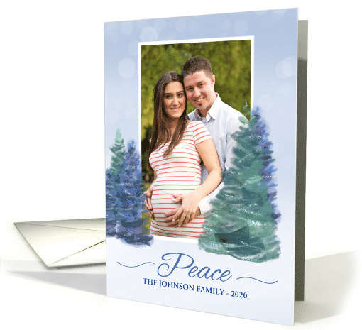 Photo Custom Personalize Holiday Peace with Evergreen Trees card