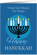 From Our House To Yours Hanukkah Menorah on Dark Blue card
