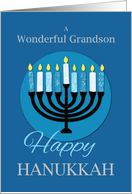 For Grandson Hanukkah Menorah on Dark Blue card