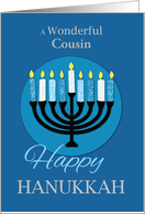 Custom Relation Cousin Hanukkah Menorah on Dark Blue card