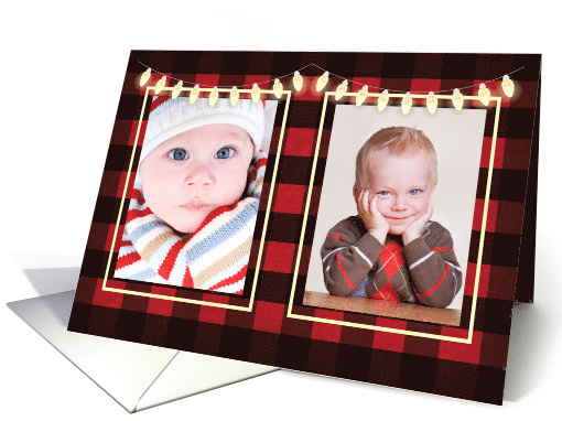 Christmas 2 Photos Customizable Lights with Red Black Plaid card