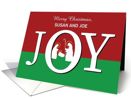 Christmas Custom Name JOY on Red and Green with Nativity card