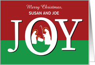 Christmas Custom Name JOY on Red and Green with Nativity card