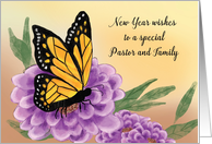 To Pastor and Family Happy New Year Butterfly on Flower card