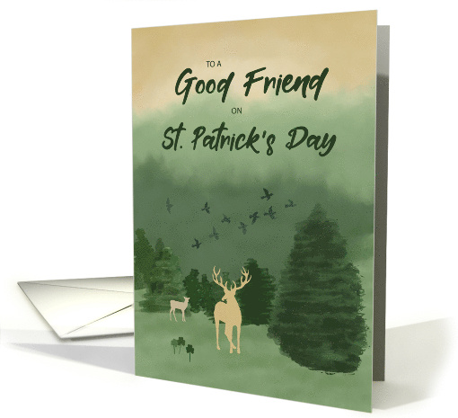 To Friend St. Patrick's Day Landscape with Deer and Shamrocks card