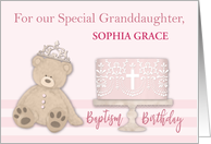 Granddaughter Baptism Birthday Custom Name Pink Cake Teddy Bear Tiara card