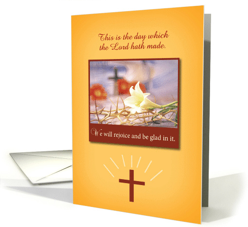 Easter Lily Rejoice Custom Scripture Text with Crown of Thorns card