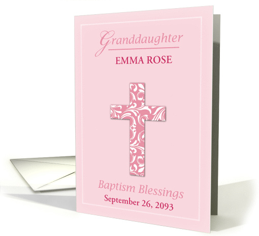 Personalize Name Granddaughter Baptism Pink Girl Swirl Cross card