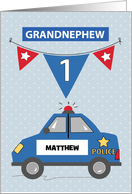 Custom Name Grandnephew 1st Birthday Blue Police Car card