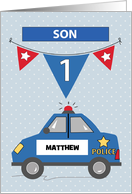 Custom Name Son 1st Birthday Blue Police Car card