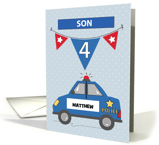 Custom Name Son 4th Birthday Blue Police Car card (1683142)