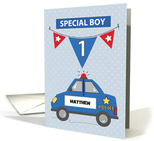 Custom Name Special Boy 1st Birthday Blue Police Car card (1683146)