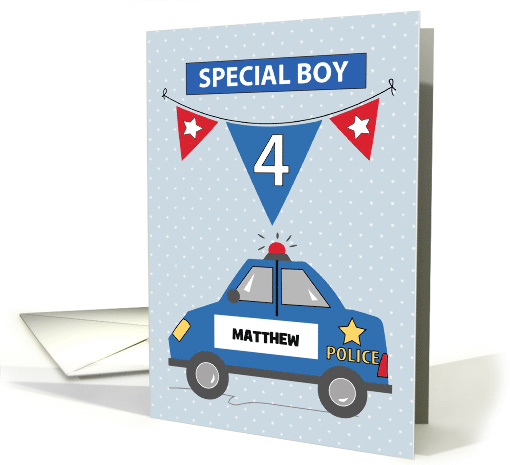 Custom Name Special Boy 4th Birthday Blue Police Car card (1683152)