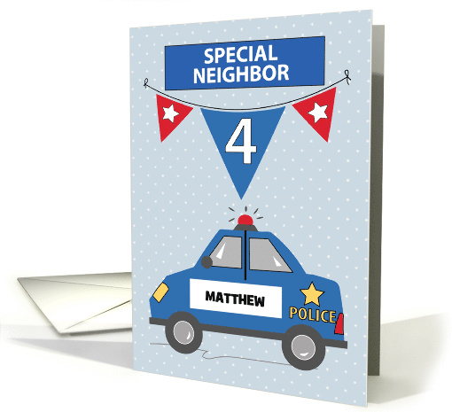 Custom Name Special Neighbor 4th Birthday Blue Police Car card