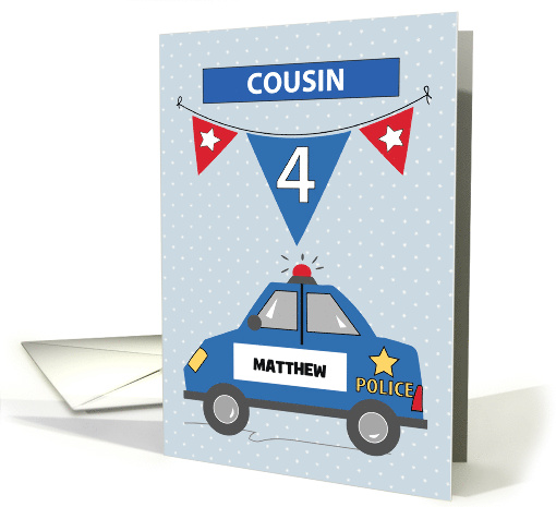 Custom Name Cousin 4th Birthday Blue Police Car card (1683260)