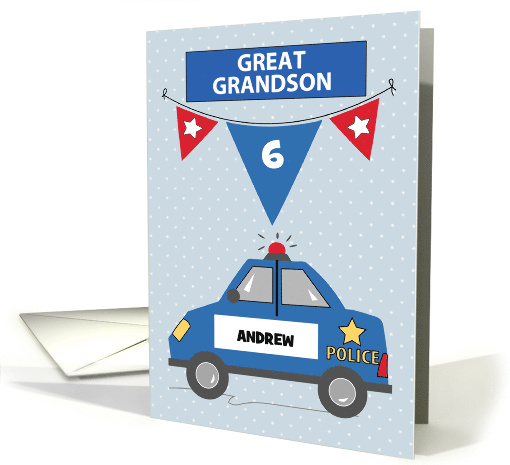 Custom Name and Age Great Grandson 6th Birthday Blue Police Car card