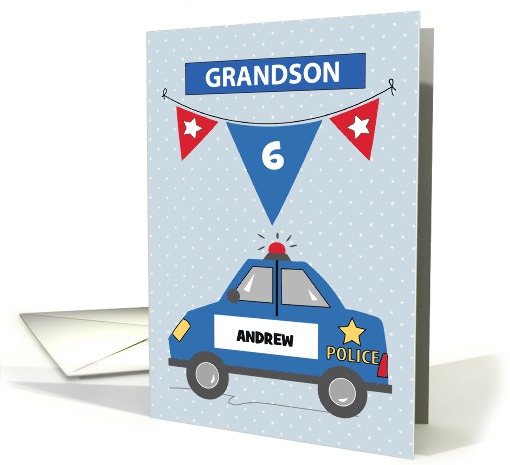 Custom Name and Age Grandson 6th Birthday Blue Police Car card