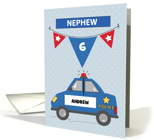 Custom Name and Age Nephew 6th Birthday Blue Police Car card (1683406)