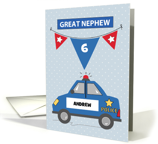 Custom Name and Age Great Nephew 6th Birthday Blue Police Car card