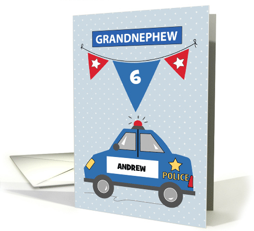 Custom Name and Age Grandnephew 6th Birthday Blue Police Car card