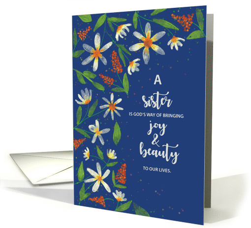 Sister Religious Birthday Daisies and Wildflowers on Navy Blue card