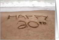 20th Birthday Writing in the Sand on Beach card