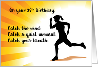 29th Birthday Woman Running with Sunburst Background card