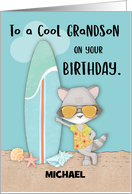 Custom Name Grandson Birthday Beach Funny Cool Raccoon in Sunglasses card