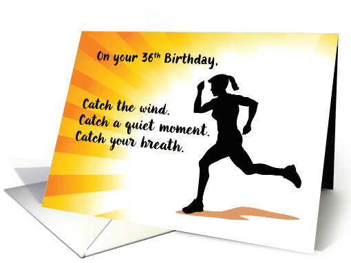 36th Birthday Woman Running with Sunburst Background card (1688764)