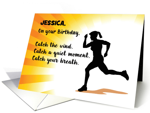 Custom Name Birthday Woman Running with Sunburst Background card