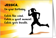 Custom Name Birthday Woman Running with Sunburst Background card