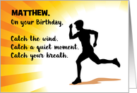 Birthday Man Running with Sunburst Background Custom Name card