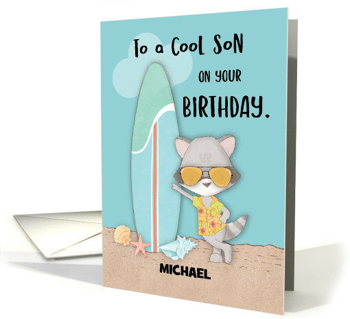 Custom Name Son Birthday Beach Funny Cool Raccoon in Sunglasses card
