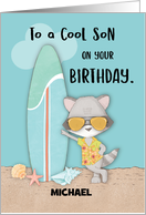 Custom Name Son Birthday Beach Funny Cool Raccoon in Sunglasses card
