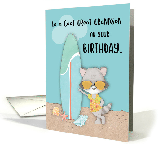 Great Grandson Birthday Beach Funny Cool Raccoon in Sunglasses card