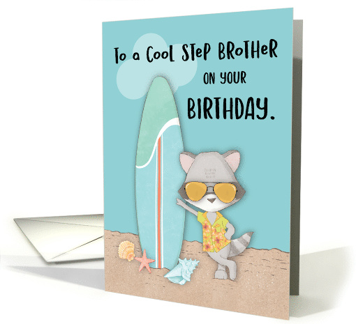 Step Brother Birthday Beach Funny Cool Raccoon in Sunglasses card