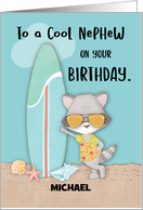 Custom Name Nephew Birthday Beach Funny Cool Raccoon in Sunglasses card