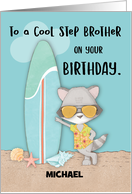 Custom Name Step Brother Birthday Beach Funny Cool Raccoon in Sunglass card